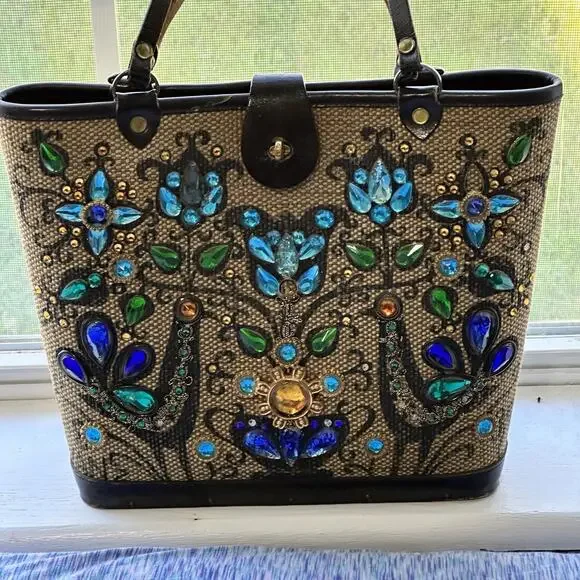 VTG 1964 Enid Collins Purse Pavan Pheasant Peacock Blue Jewels Wooden Bucket